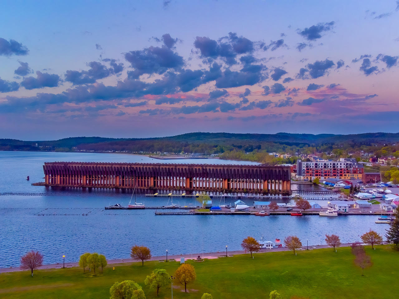 Marquette Lower Harbor with ore dock at sunset